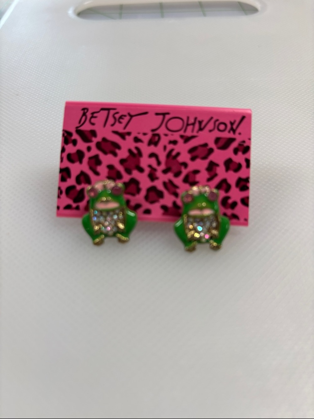 Betsey Johnson Green Crystal Frog Stud Earrings
